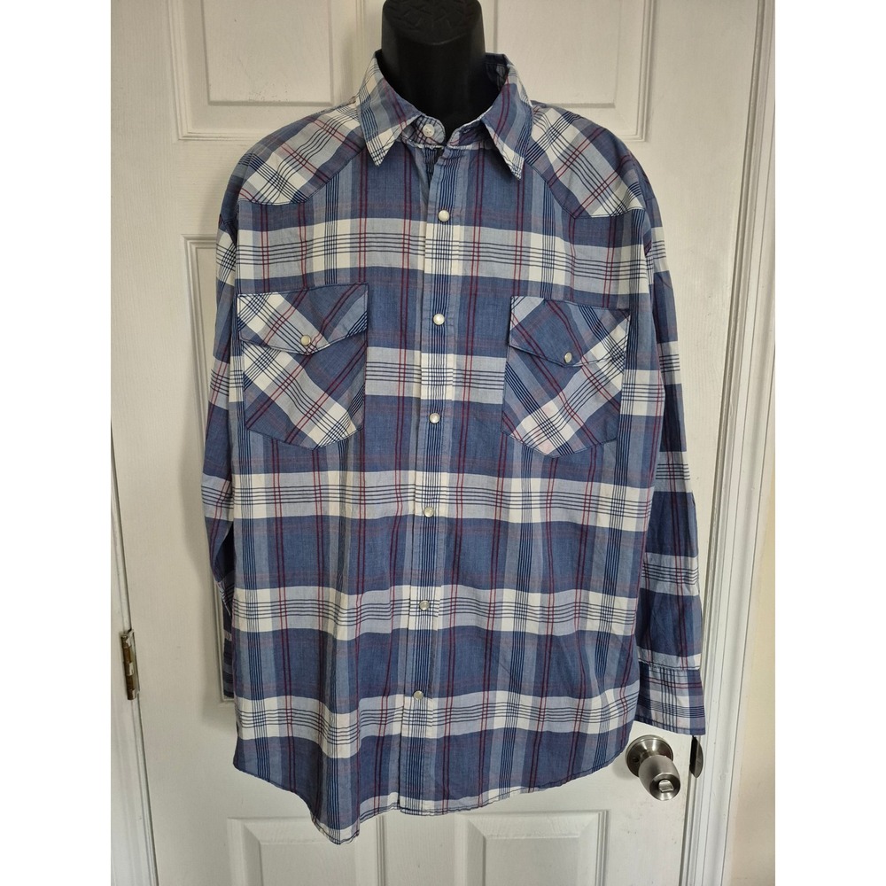 Big Mac Workwear Mens XL Blue Plaid Pearl Snap Western Long Sleeve Shirt Cotton